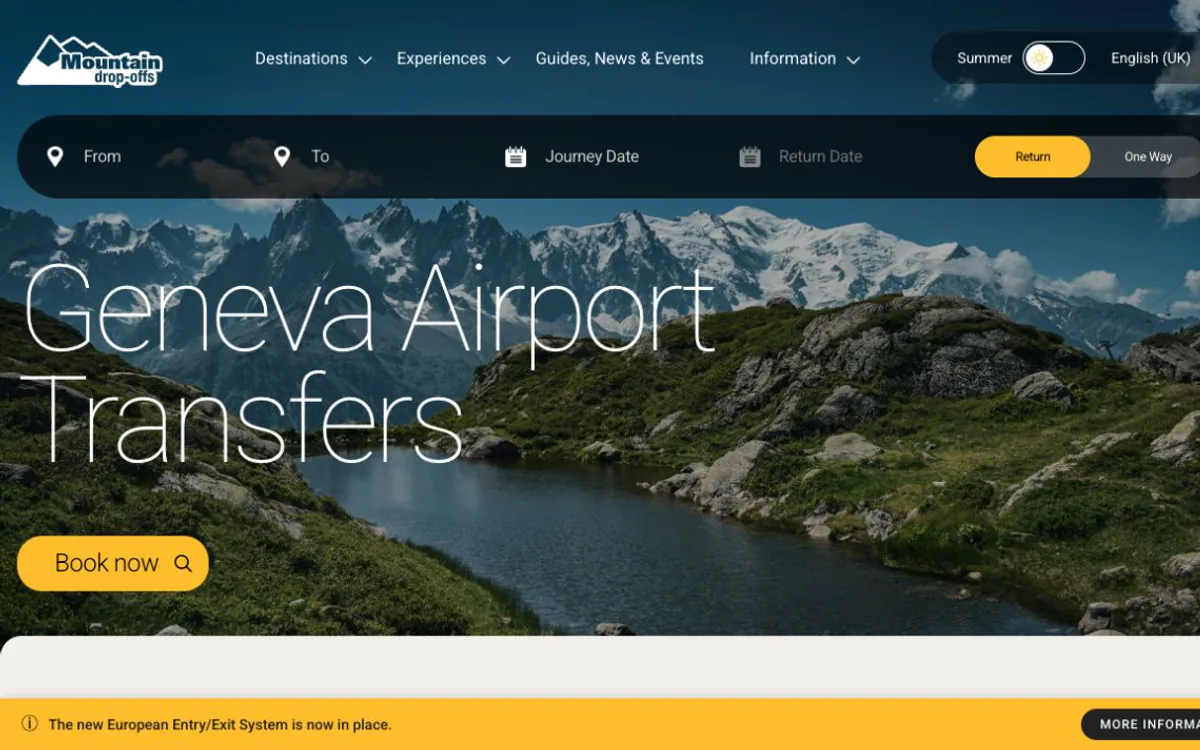 Mountain Dropoffs website showing the Geneva Airport transfer booking journey.