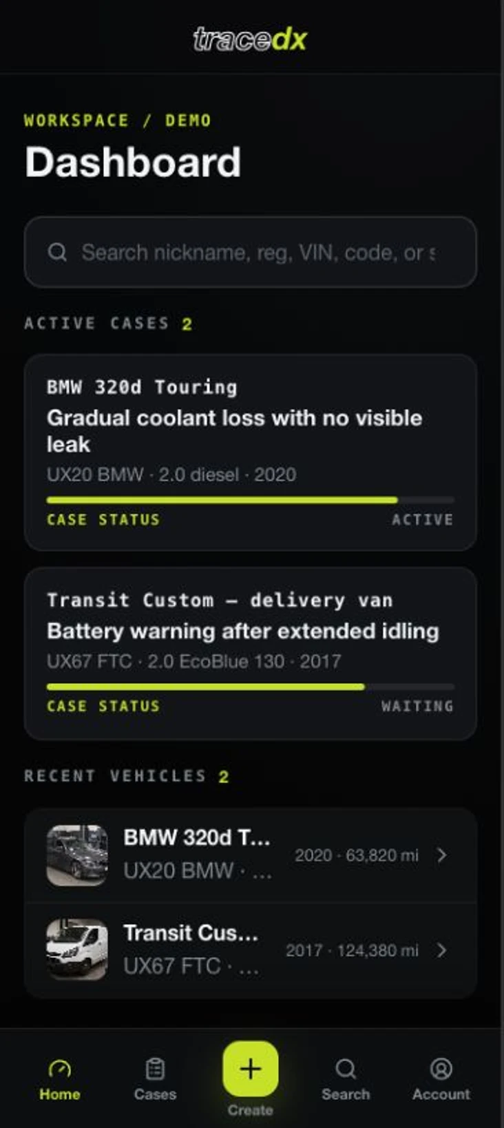 TraceDX dashboard showing active fictional diagnostic cases and recent vehicles.
