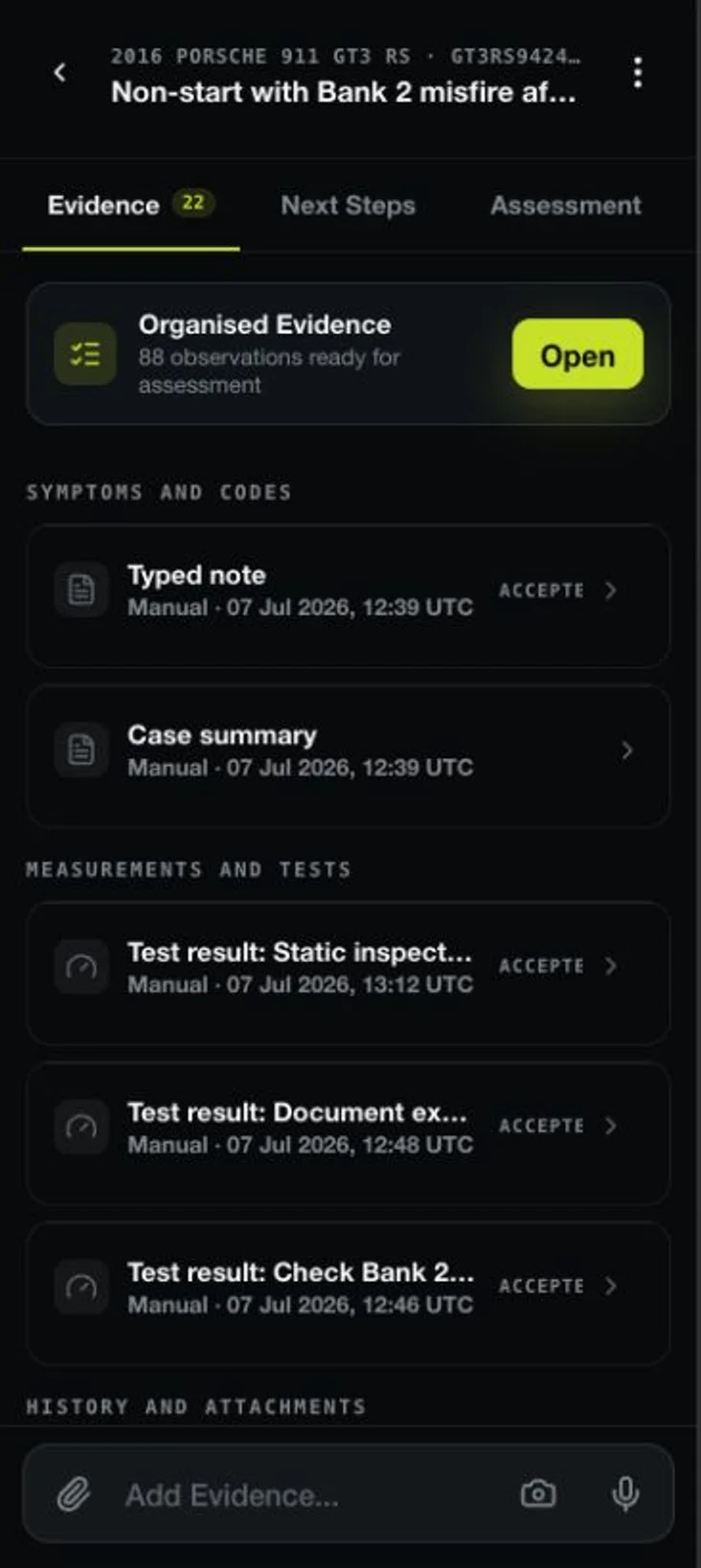 TraceDX demonstration case showing a timeline of notes and test results, with organised observations ready for assessment.
