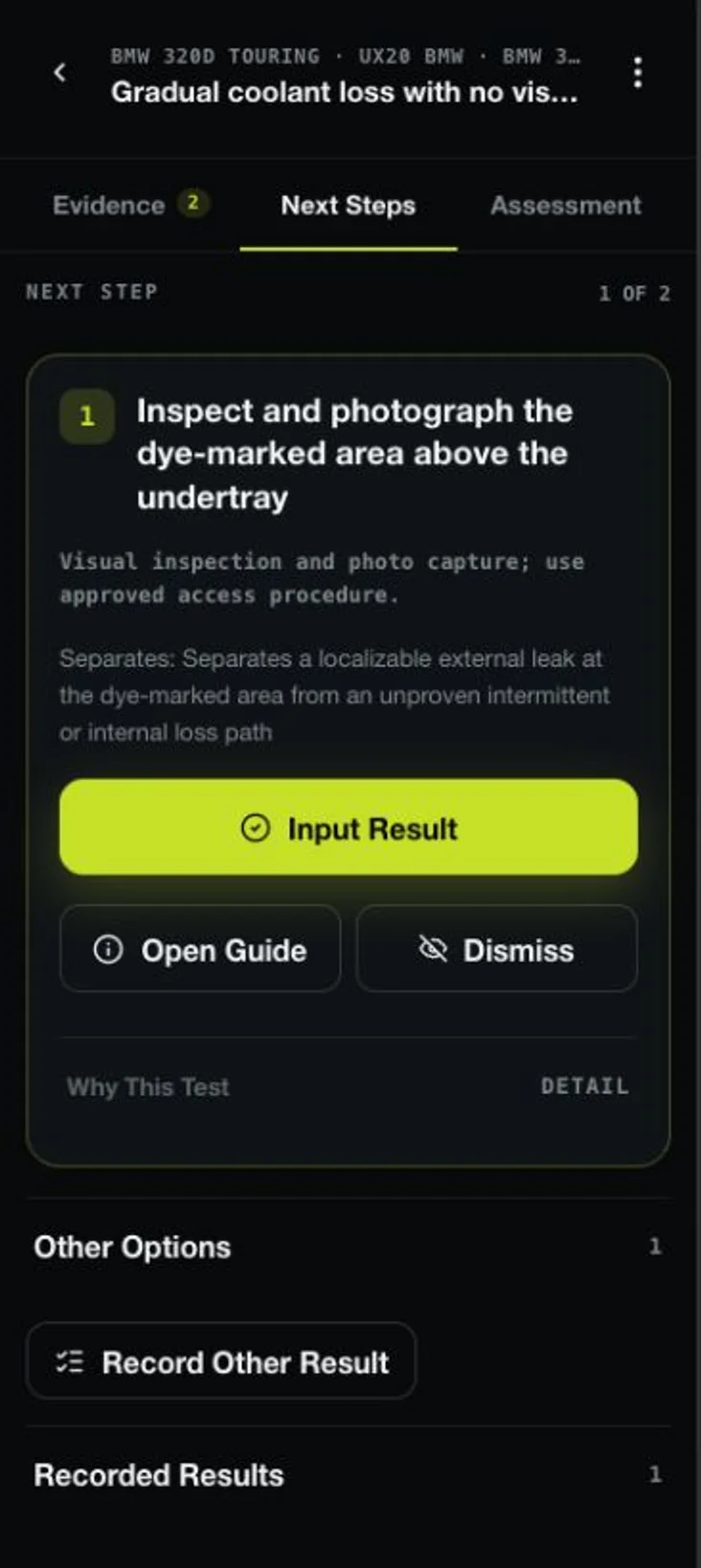 TraceDX demonstration case showing a ranked next test, why it separates fault paths and controls for recording or dismissing it.