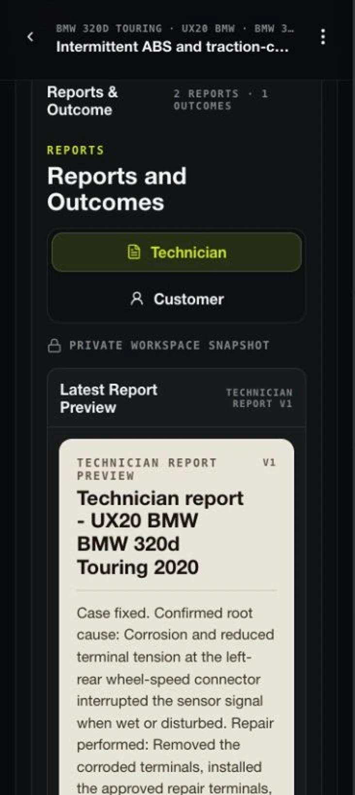TraceDX fictional case showing a technician report preview generated from the case record.