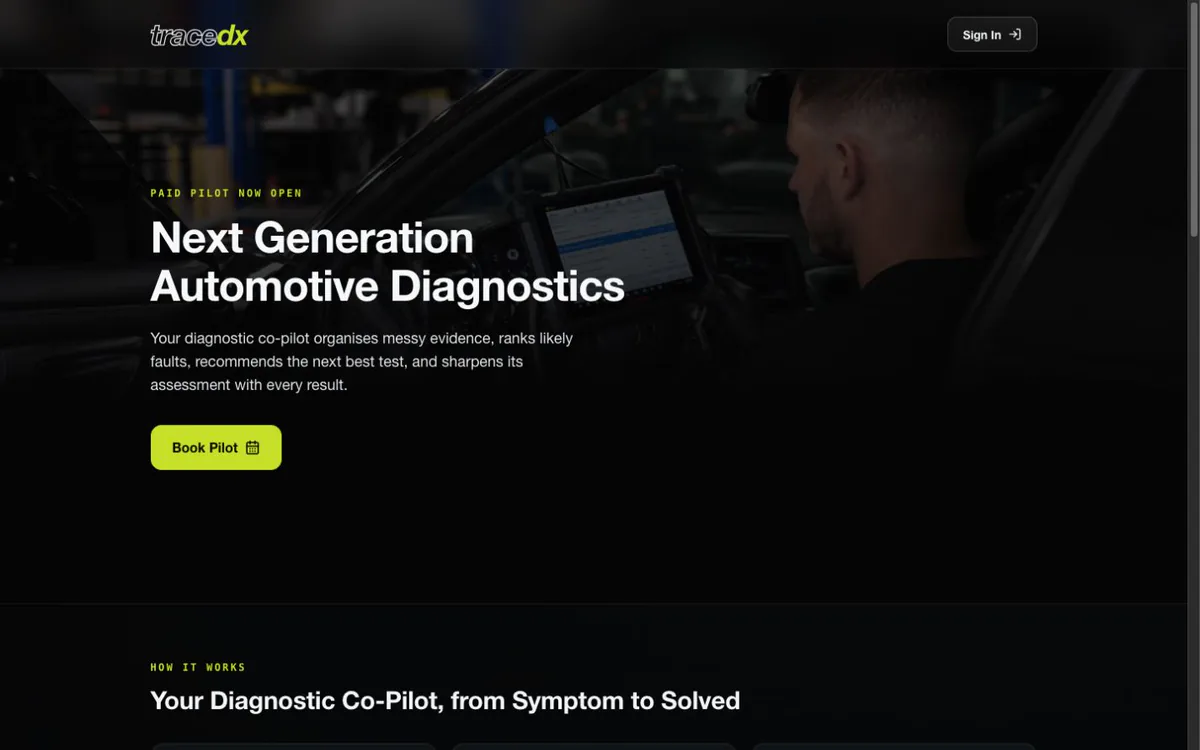 TraceDX website introducing its automotive diagnostic workspace.